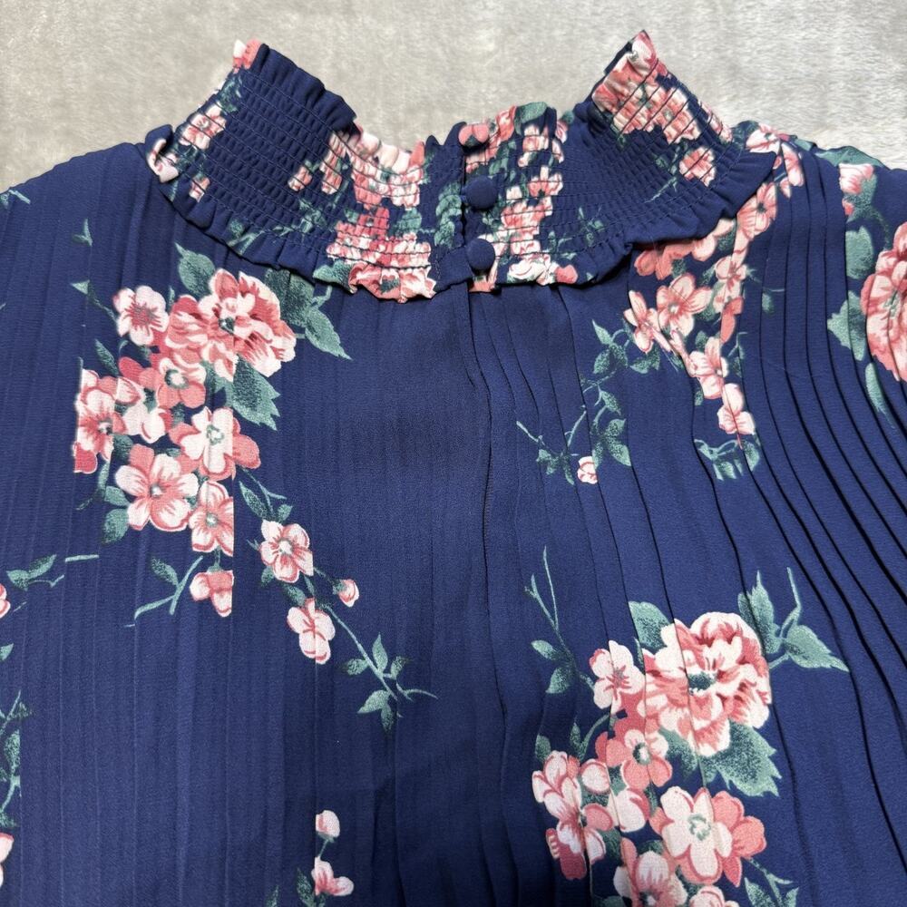 Nanette Lepore Cocktail Dress Navy Pink Floral Pleated Smocked Waist Size 12 - Picture 8 of 9